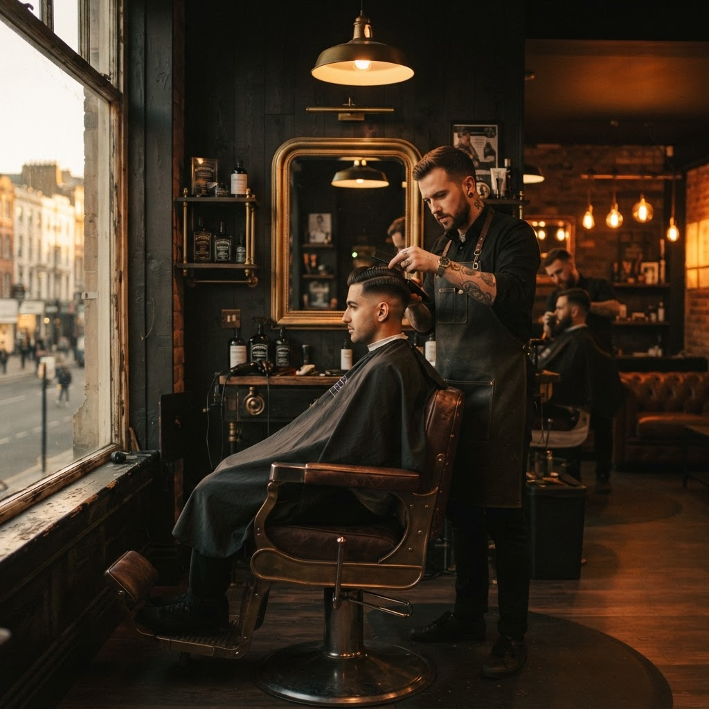 Barber giving a precise haircut in an upscale shop